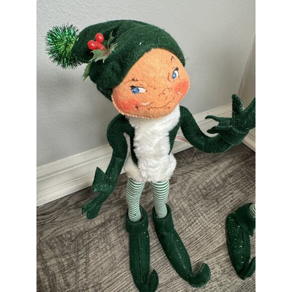 Vintage 2004 Annalee Green Elf W/Striped Pants 14” Set Of 2 Kitschy Christmas - Picture 2 of 16